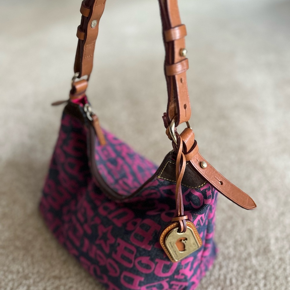 Dooney & Bourke Pink and Denim Hobo Leather Trim Bag Doodle Collection Graffiti - Picture 2 of 6